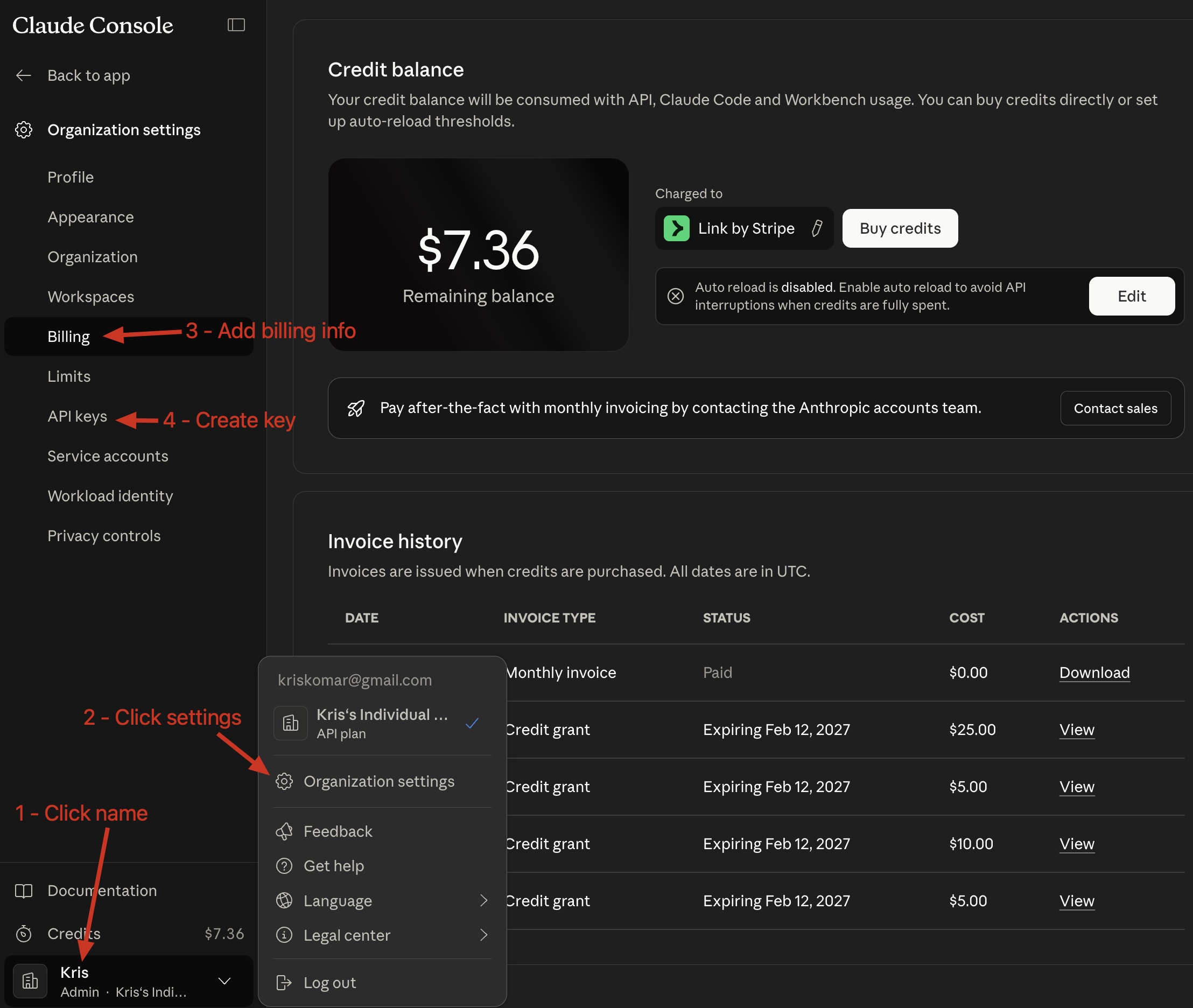Anthropic console Billing page with the Add to balance button highlighted