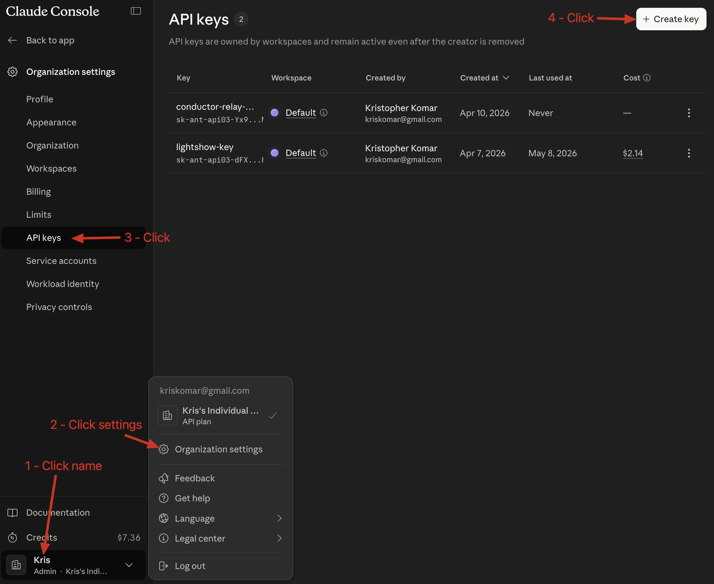 Anthropic console API Keys page with the Create Key button