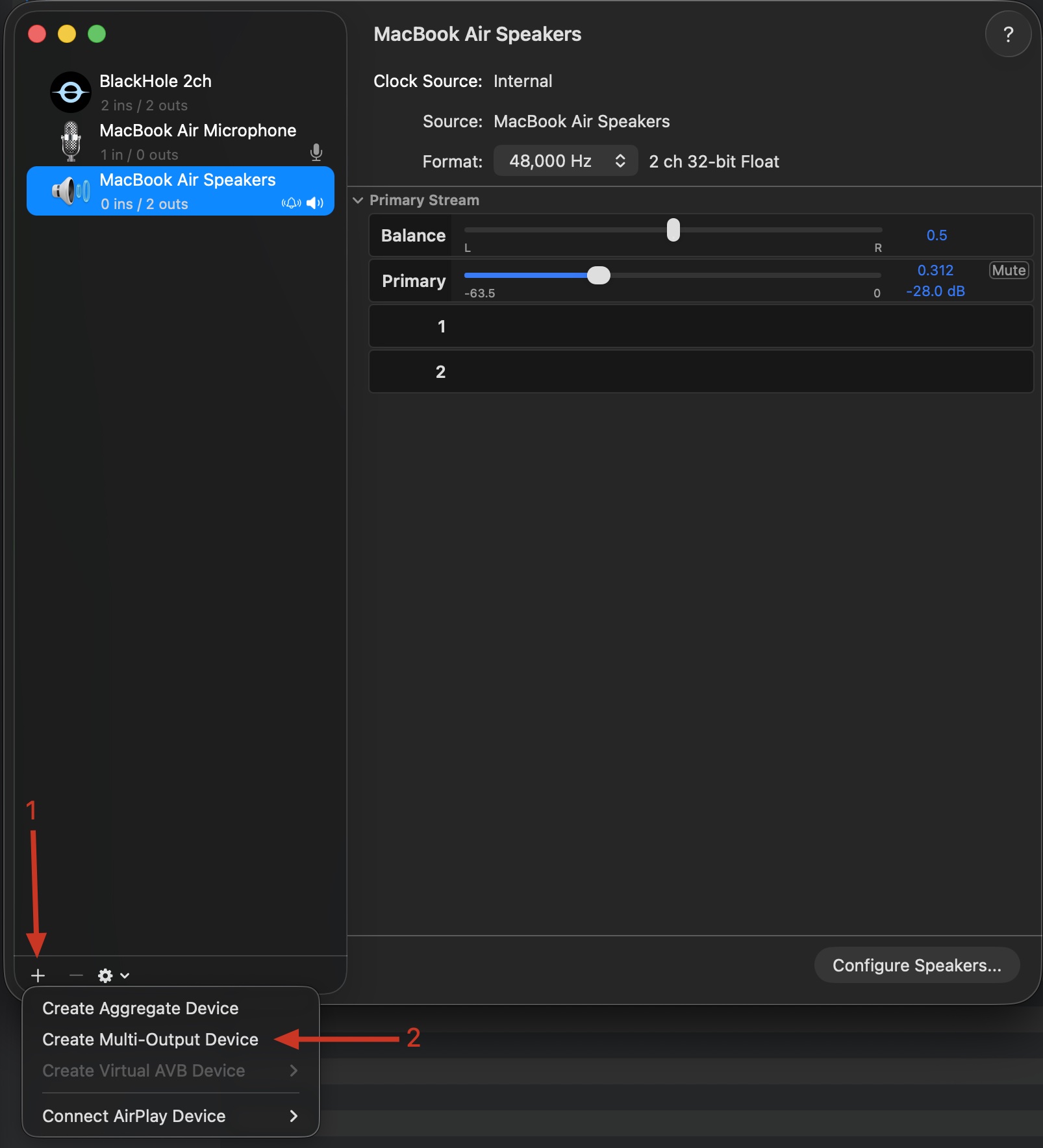 Audio MIDI Setup window with the + button in the bottom-left highlighted, showing the 'Create Multi-Output Device' option in the dropdown menu.
