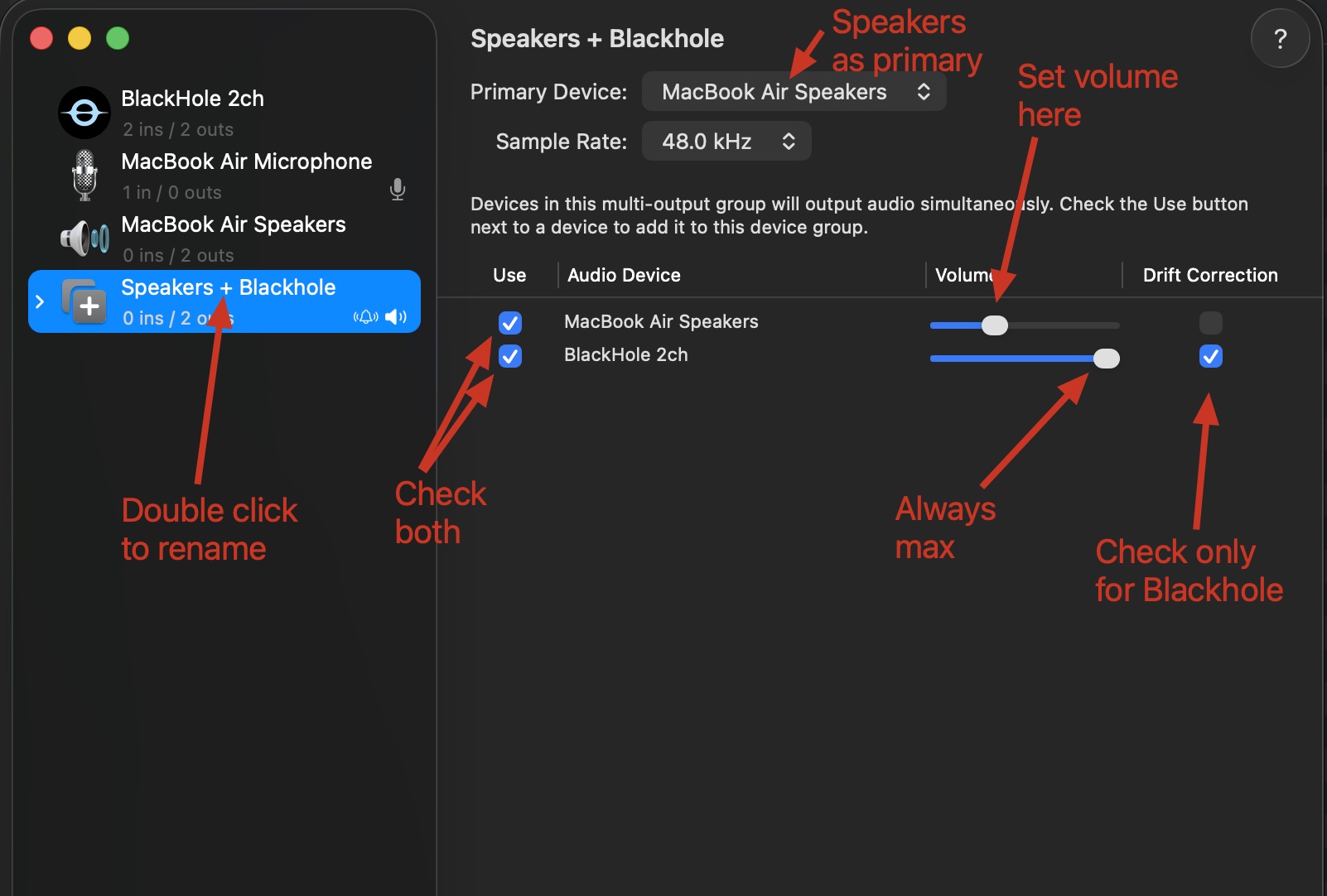 The Multi-Output Device panel showing both MacBook Air Speakers and BlackHole 2ch checked, with MacBook Air Speakers set as the Primary Device, BlackHole's volume at max, and Drift Correction enabled on BlackHole only.