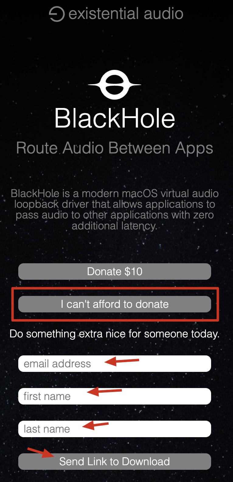 The BlackHole download page showing the 'Donate $10' button, the 'I can't afford to donate' button highlighted in red, and the email/first name/last name fields plus 'Send Link to Download' button.