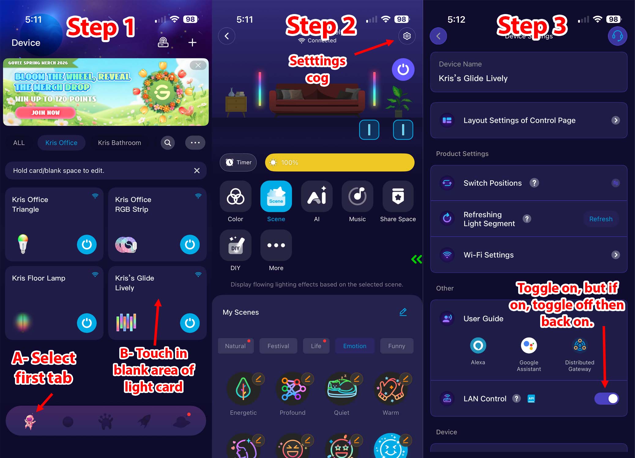 Govee Home app walkthrough showing three steps: Step 1 picks the device tab and taps the blank area of the light's card, Step 2 taps the settings cog in the top right, Step 3 toggles LAN Control on at the bottom of the settings screen.