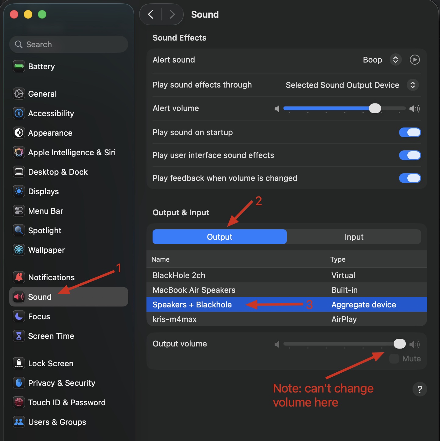 System Settings Sound panel with Sound selected in the sidebar, the Output tab active, and 'Speakers + Blackhole' selected in the output device list.